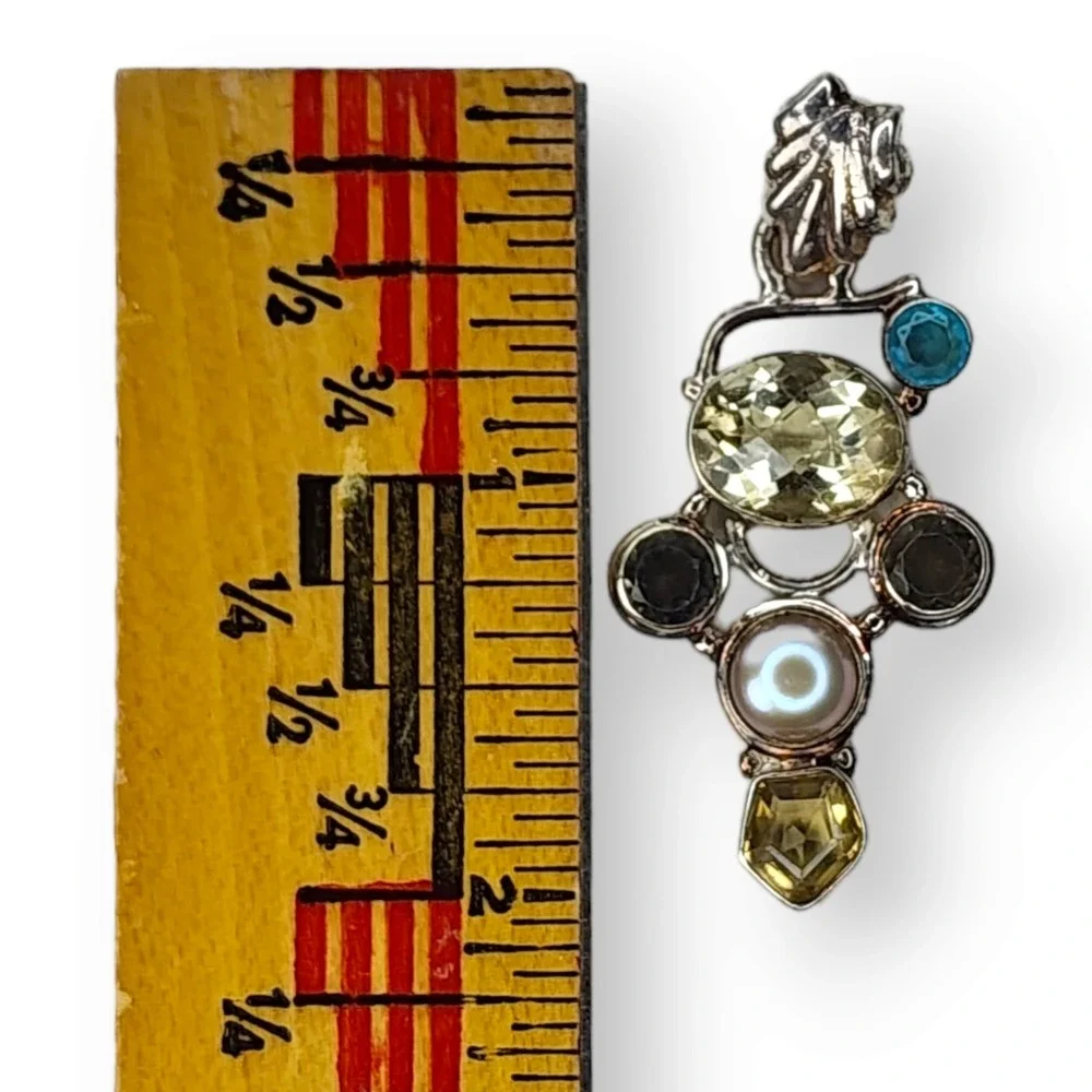 Vintage Pendant Sterling Silver 925 Citrine Topaz Aquamarine Pearl Gem